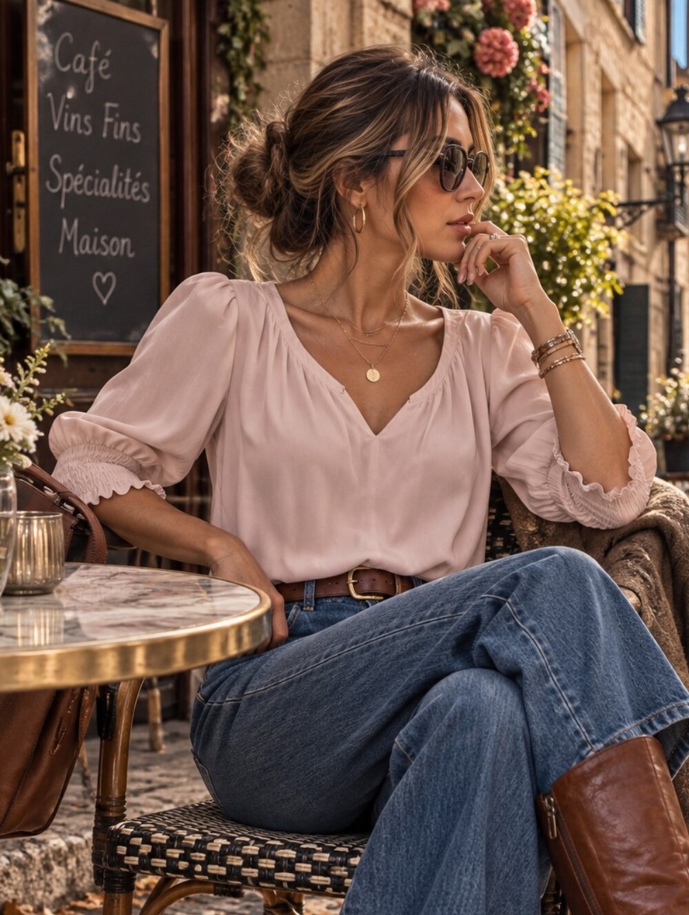 Ann Taylor Blush V-Neck Puff Sleeve Blouse